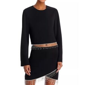 Aqua Black Long Sleeve Rhinestone Fringe‎ Crop Top Womens XS